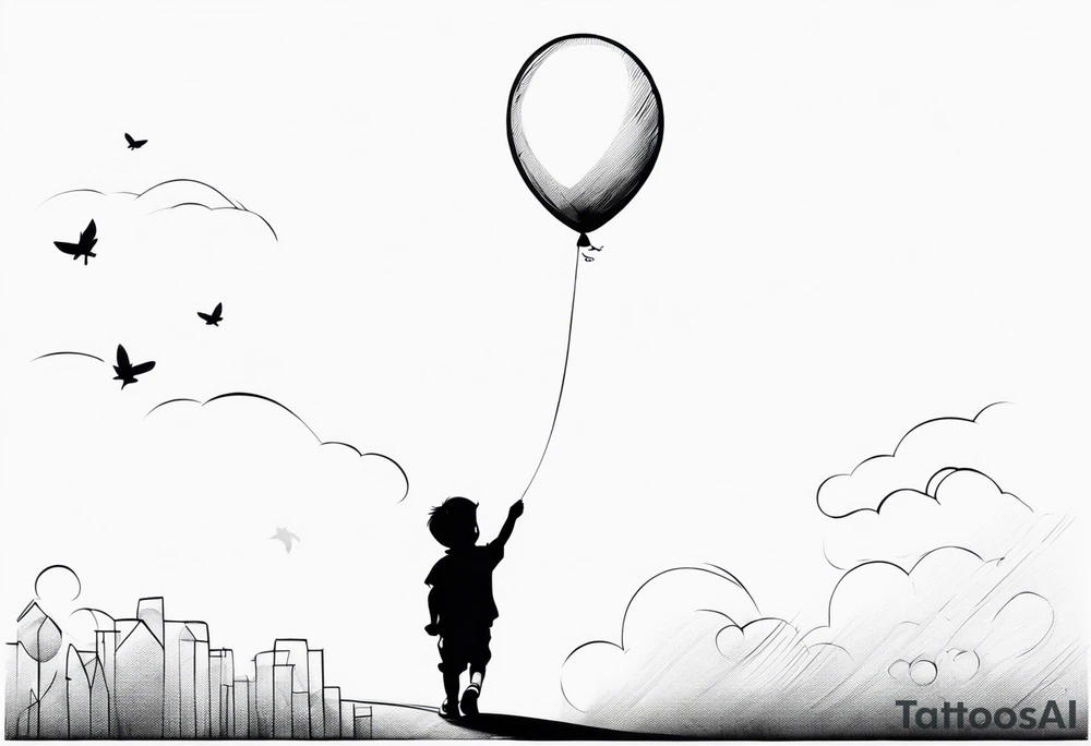 little boy with a balloon flying towards the sky with hopscotch games tattoo idea