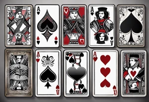 8 aces, overlapping in a row, first two faded/broken aces of hearts, like the one i favourited first, but with first two aces broken or worn. Like the ones in a row but with more cards, at least 6 tattoo idea