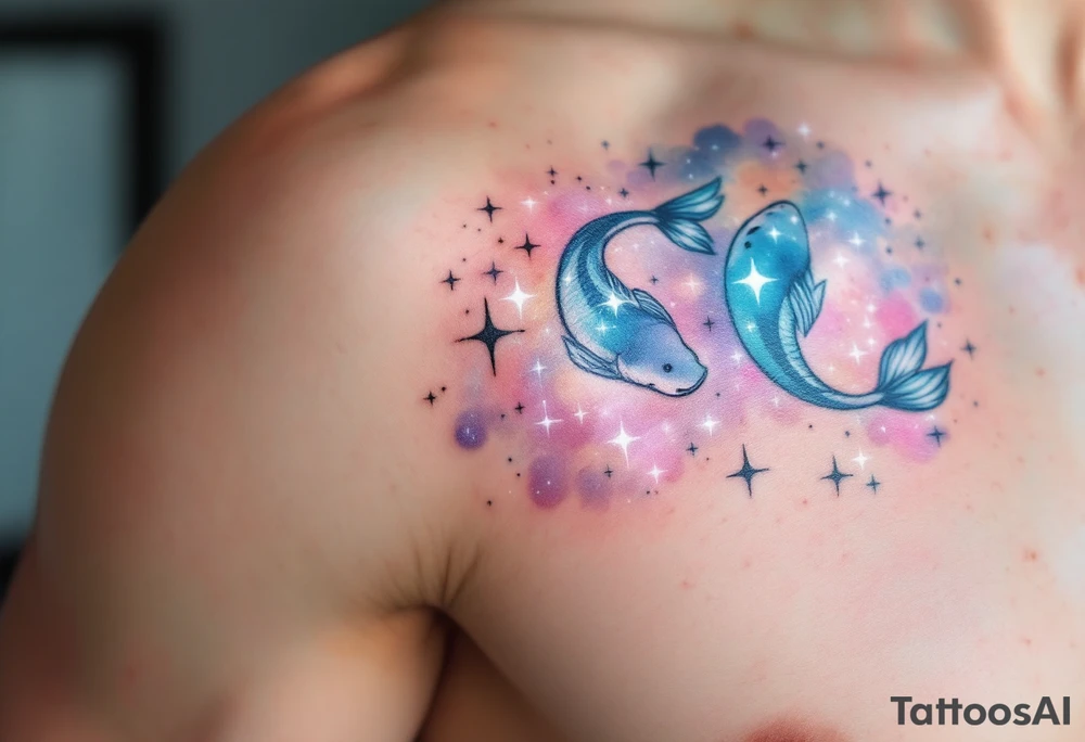 A pastel galaxy background highlights the Pisces star constellation in white ink for a dreamy celestial design tattoo idea