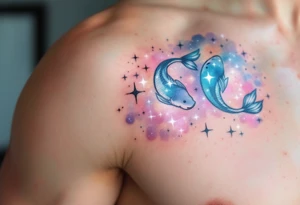 A pastel galaxy background highlights the Pisces star constellation in white ink for a dreamy celestial design tattoo idea