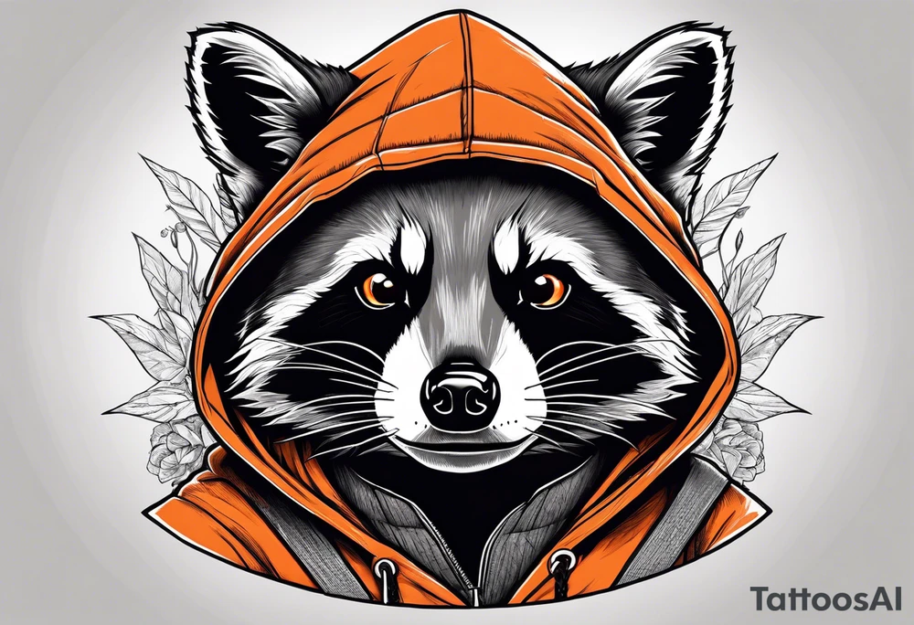 Raccoon wearing an orange Superman hoodie tattoo idea