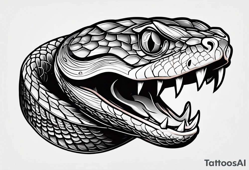 Copperhead with just the head turned up and mouth open, two fangs, black and white drawing with copper colored eye tattoo idea