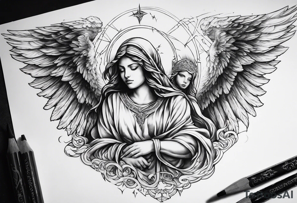 one big hooded angel with 3 angels flying in the back with shading and clouds tattoo idea