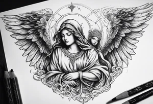 one big hooded angel with 3 angels flying in the back with shading and clouds tattoo idea