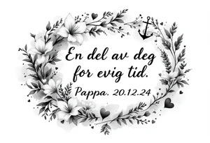 make a qoute sayin "En del av deg for evig tid. 
Pappa 20.12.24"
Surround the quote with delicate long blossom gladious, music notes, hearts and an anchor tattoo idea