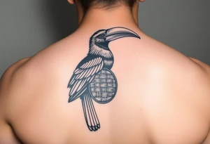 picture of a Kalimantan hornbill with a picture of a woven shield mat tattoo idea