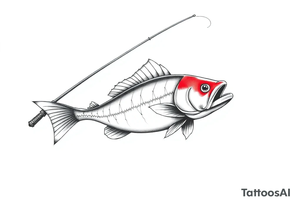 Fishing pole with line catching a red fish tattoo idea