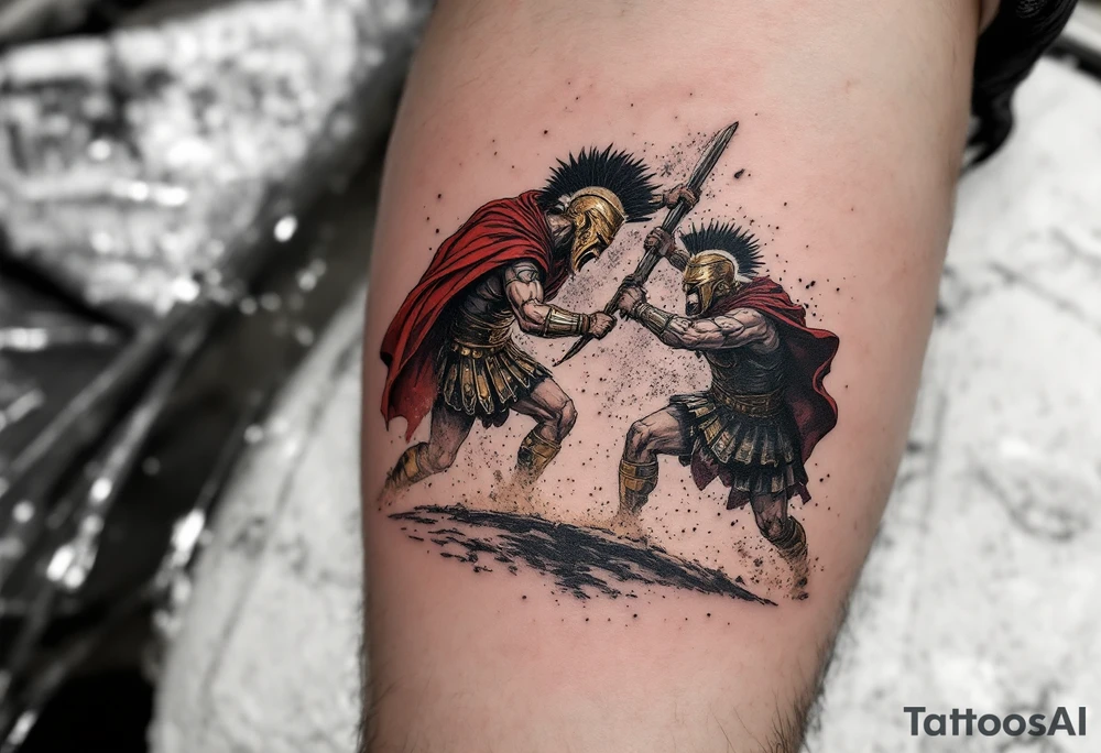 Eternal Gladiator Battle – A hyper-realistic tattoo of two gladiators locked in combat, their bronze and steel weapons clashing, sending sparks flying. Their red and black capes billow in the dust-filled arena, and the Colosseum crowd roars in the background. tattoo idea