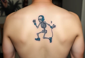 Minimalist funny looking fat skeleton skipping on a jumping rope with blue headphone blue tennis shoes blue arm bands and music notes colorful tattoo idea