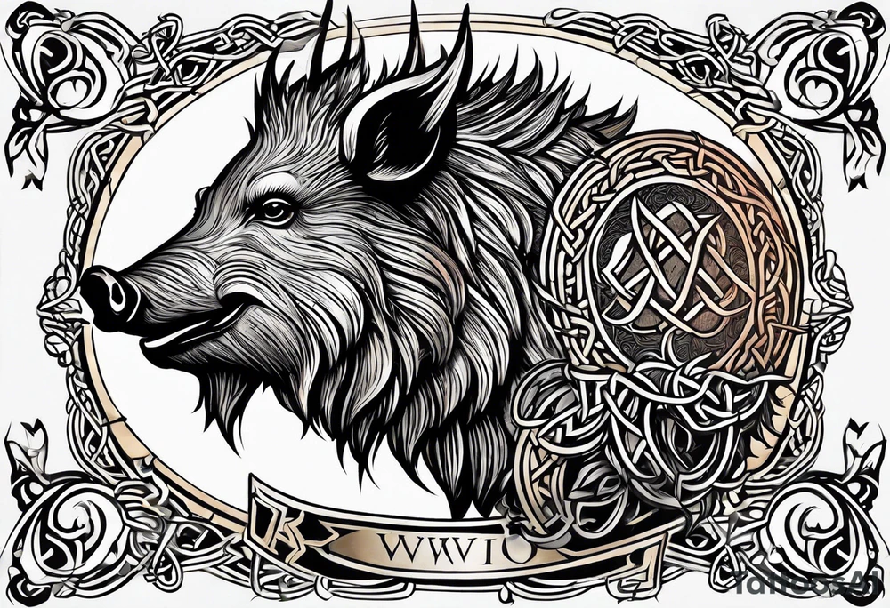 chatwin family crest In background, Side profile, tribal Celtic wild boar Viking style tattoo. With Thistle’s. Fierce wild boar tattoo idea