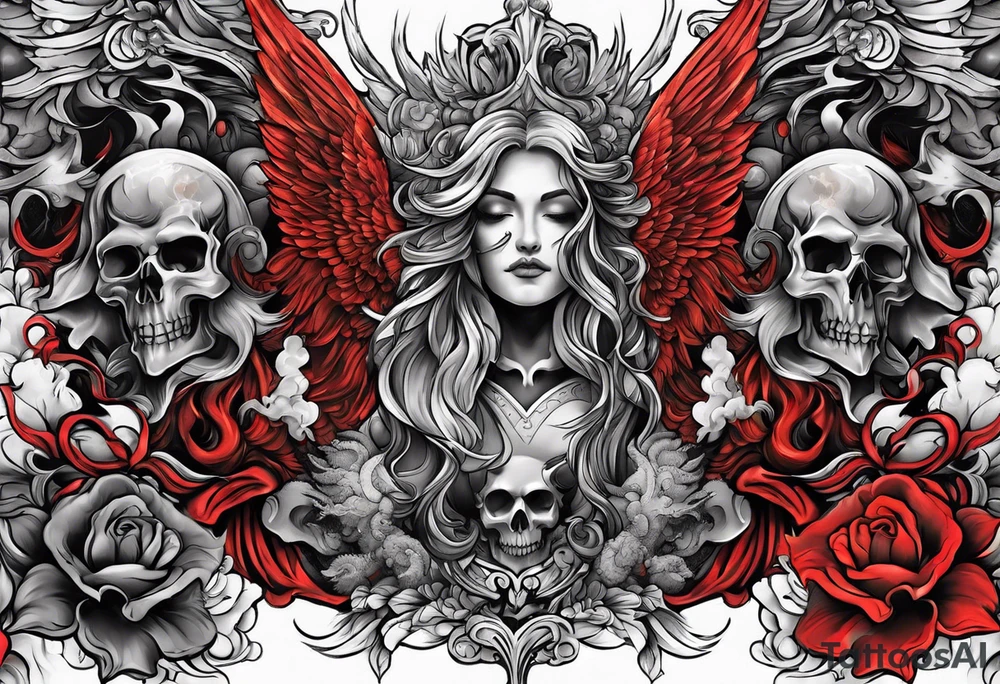 heaven and hell with angels and demons arm sleeve tattoo idea