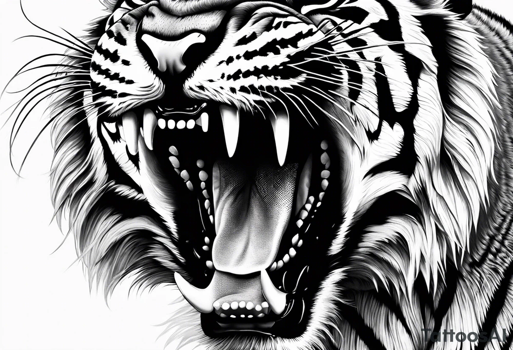 Photo Realism, highly detailed, Fierce tiger roaring tattoo idea