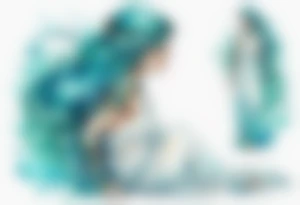 A beautiful undine with turquois scales wearing a white robe, laying on the shore tattoo idea