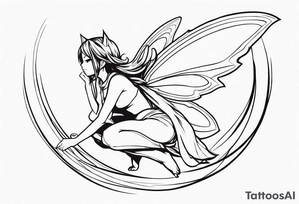 No color sketch of a fairy with a tail inspired by the guild symbol in the anime show called Fairy Tail in a fetal position leaning forward while crawled in and her body is an angle while floating in the air with big wings tattoo idea