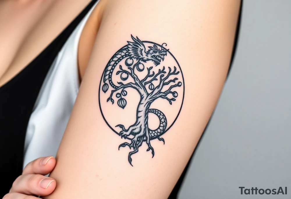 a dragon forming a circle with its body.  the dragon encircles the tree of life.   the tree of life has fruit  and the dragon is eating the fruit. the roots of the tree are strangling the tail of the dragon tattoo idea