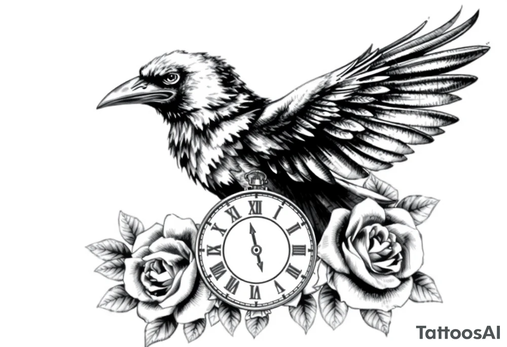 raven,roses,clock. tattoo idea