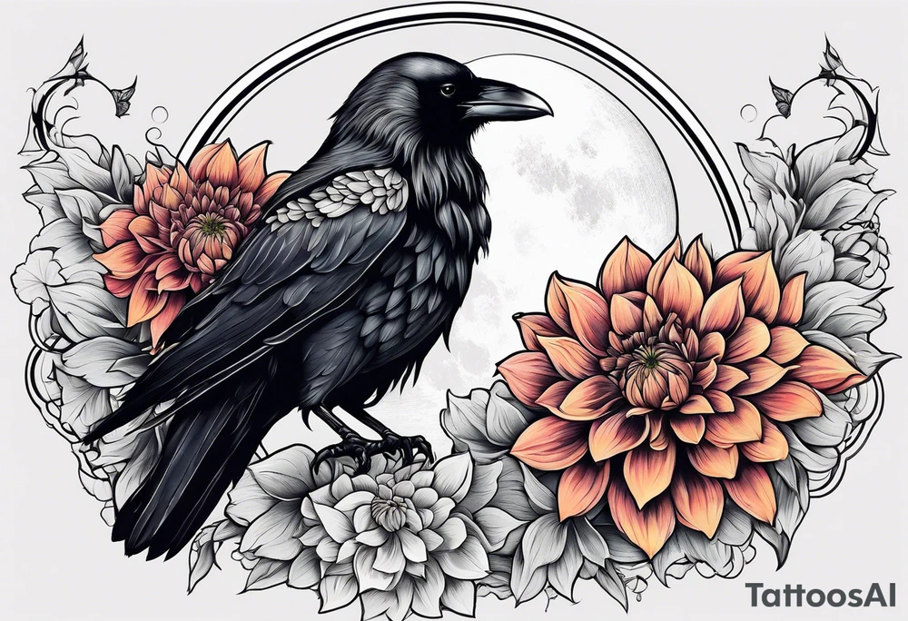 Perched crow surrounded by dahlia flowers with a moon in the background tattoo idea