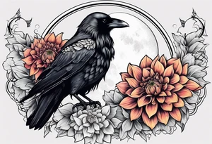 Perched crow surrounded by dahlia flowers with a moon in the background tattoo idea