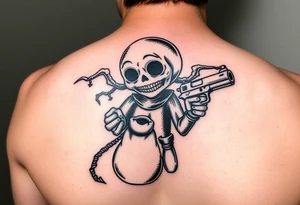 Evil voodoo doll with a gun and money bag tattoo idea