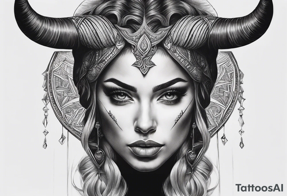 symmetrical woman head with curved horns facing downwards dark realism looking front facing view, ultra-detailed, high quality, high sharpness, hyper-realism, hyper-details, hyper-photorealistic, hyper-realistic tattoo idea