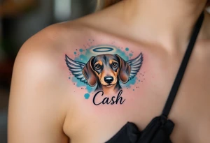 Dachshund ears between wings with a halo above and the name Cash tattoo idea