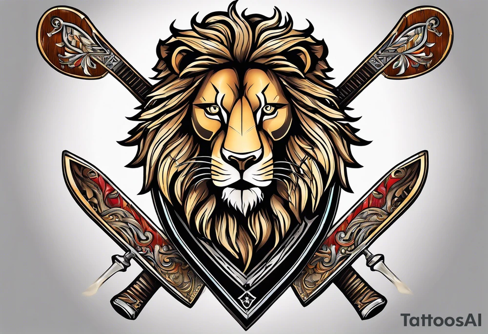 skis crossed in x with a shield in front of them and a lion on the shield tattoo idea