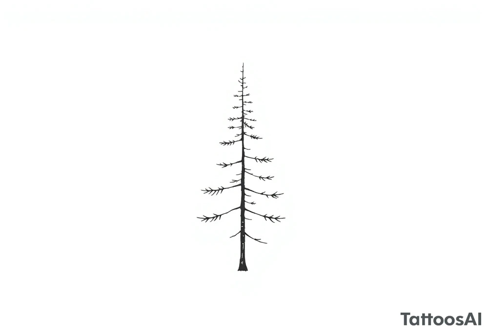 A slender pine tree with a continuous thin outline that flows smoothly from the tip of the tree to the base of the trunk. Inside the trunk, faint horizontal lines or delicate curves suggest subtle “growth rings” (like those seen in real trees), but they remain understated to maintain a clean and minimalist aesthetic. tattoo idea