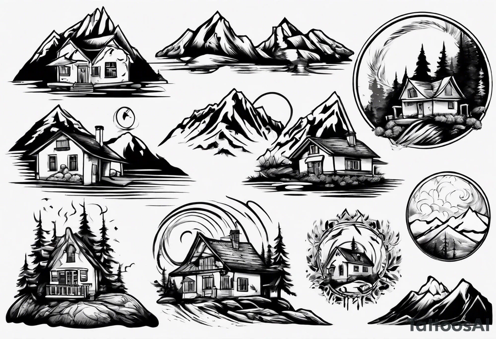 house on mountain tattoo idea