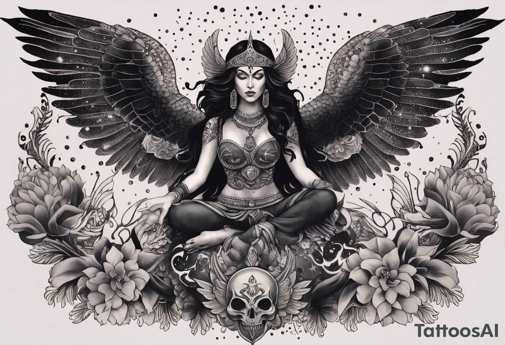 black kali, goddess pirate, alien, angel, pachamama, valkrye, warrior, flying, skull, lotus azul, wing, eagle, zenza resonance, stars, 5D, anahata chakra, death, durga, riding on a tiger, flying lady, chest tatoo tattoo idea