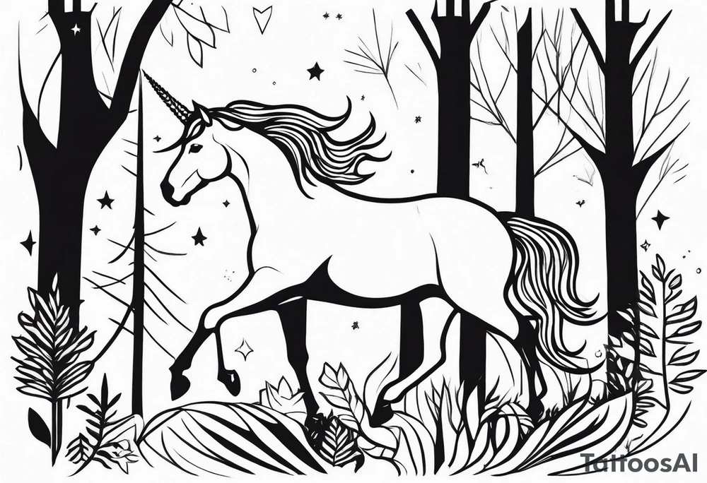 Unicorn in forest – Walking through an enchanted woodland. tattoo idea