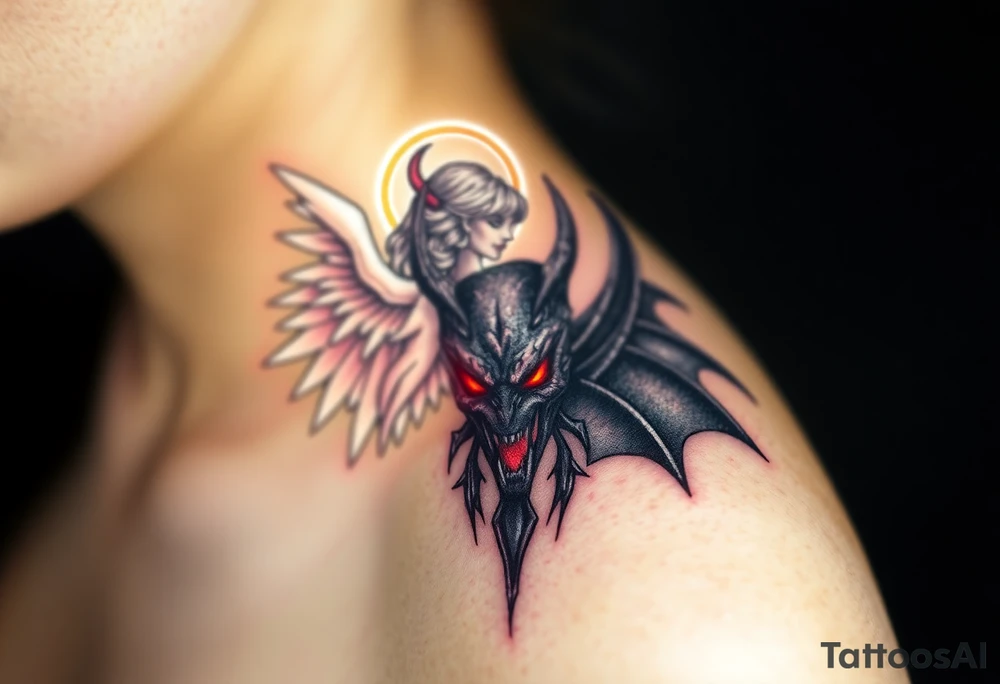 A radiant angel, with soft white wings and a glowing halo, surrounded by light, juxtaposed against a dark demon, with jagged black wings and fiery red eyes, symbolizing the ultimate conflict between good and evil. tattoo idea