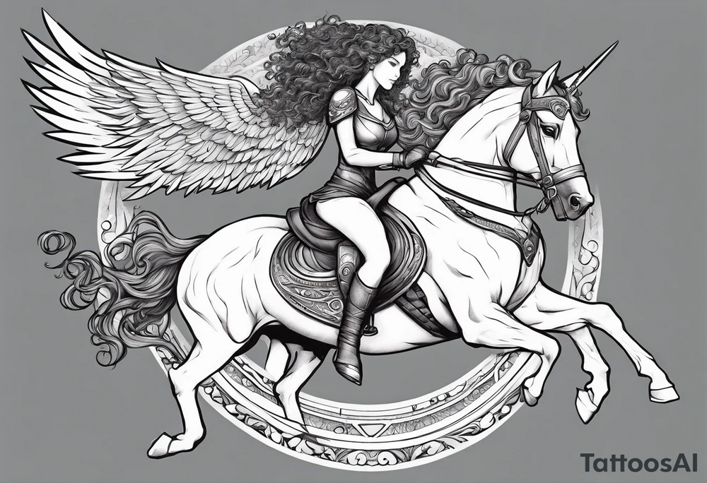 valkyrie curly hair princess riding pegasus half sleeve arm tattoo idea