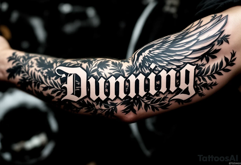 Dunning, left forearm details include angel wing, greek type of font,jungle leaves, name is big and in white color tattoo idea