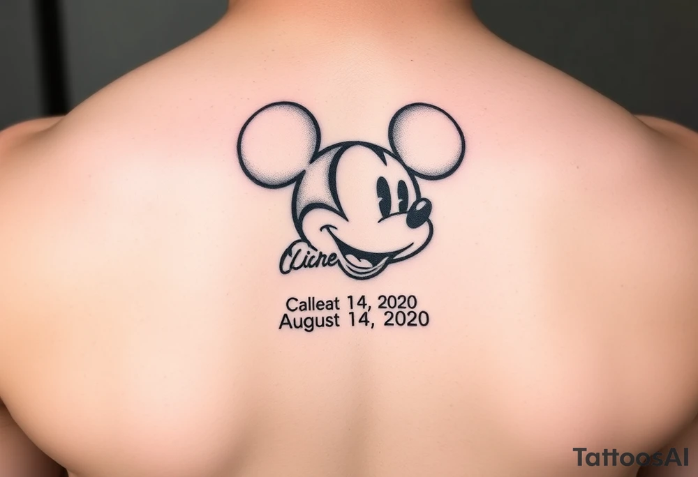 mickey mouse symbol with the name Galileo and the date August 14,2020, incorporated tattoo idea