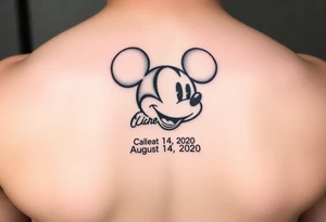 mickey mouse symbol with the name Galileo and the date August 14,2020, incorporated tattoo idea