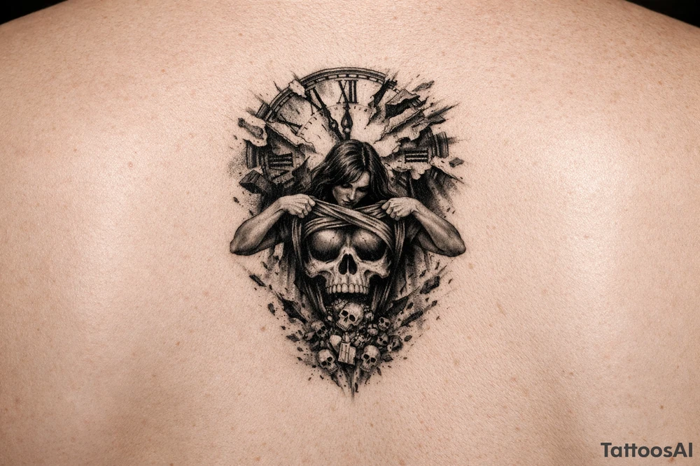 A clock being shredded apart by time with a woman pulling her shirt up to show a skull as her stomach puking death upon this world tattoo idea