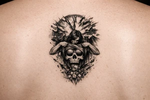 A clock being shredded apart by time with a woman pulling her shirt up to show a skull as her stomach puking death upon this world tattoo idea
