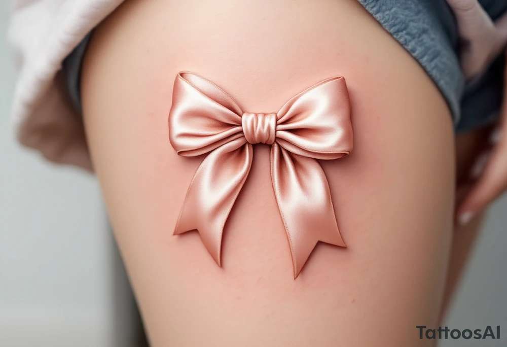 An elegant satin bow tattoo, tied in a perfect knot with gracefully flowing tails, symbolizing unity and everlasting love. The bow is rendered in a soft blush pink with gentle highlights, creating a realistic silk-like sheen. Subtle shadows add depth, making the fabric appear delicately folded. The knot at the center is slightly darker, emphasizing its structure and strength. tattoo idea