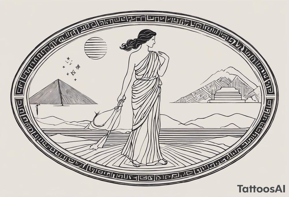 "Craft a minimalist round tattoo inspired by ancient Greek art, centered around Clio, the muse of history. Design a circular composition featuring Clio depicted in the center, holding a scroll adorned with historical symbols or inscriptions. Surround her with subtle yet meaningful elements such as ancient architectural motifs, symbolic representations of ancient civilizations, or fragments of historical texts. Ensure the design maintains a minimalist aesthetic with clean lines and limited detail, while capturing the essence of Clio's dedication to preserving and inspiring the study of history within the circular frame." tattoo idea