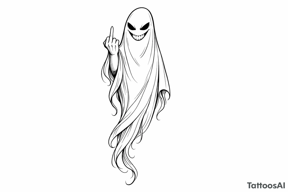 Tall, slender ghost with a mischievous grin, middle finger raised, subtle shading. tattoo idea