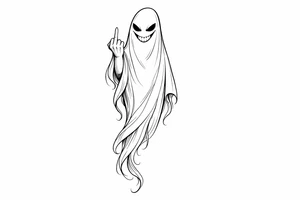 Tall, slender ghost with a mischievous grin, middle finger raised, subtle shading. tattoo idea