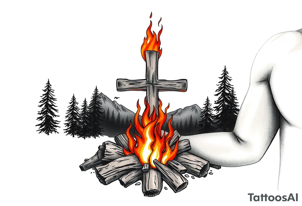 Campfire with cross include the great outdoors and night sky make sure cross doesn't look like it is on fire tattoo idea
