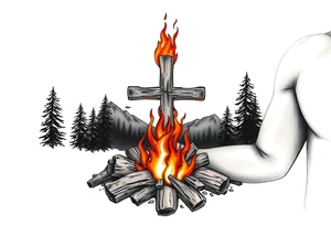 Campfire with cross include the great outdoors and night sky make sure cross doesn't look like it is on fire tattoo idea