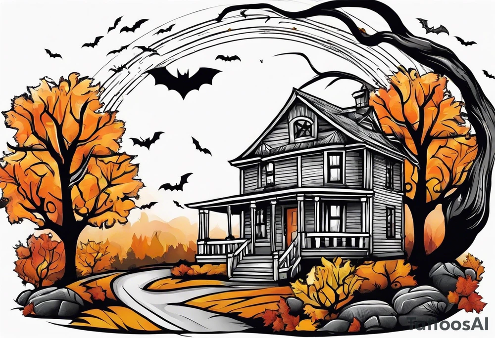 Midwestern street in fall with Halloween pumpkin tattoo idea