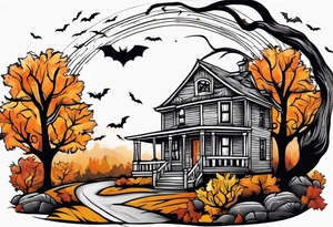 Midwestern street in fall with Halloween pumpkin tattoo idea