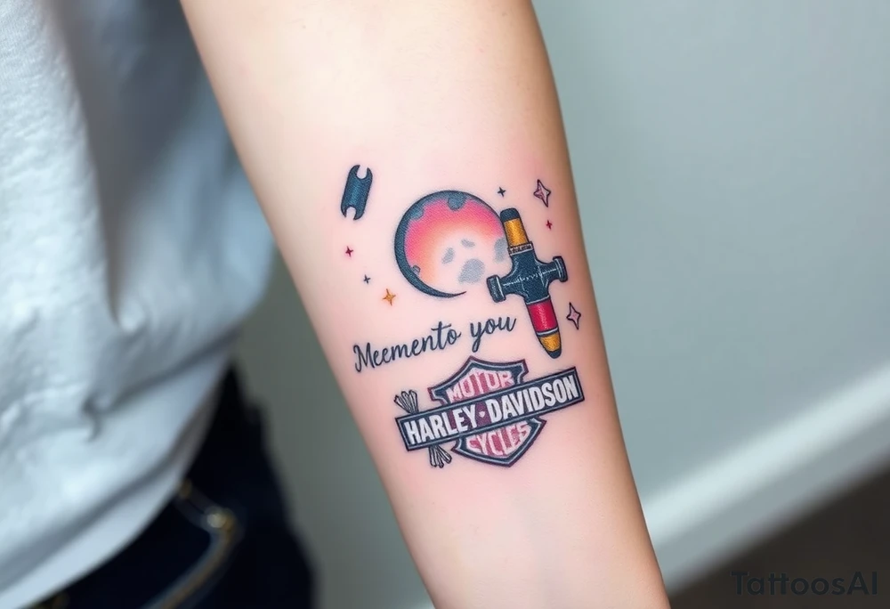 colorful futuristic memory tattoo for passed boyfriend;, star wars, space, Harley Davidson, skateboarding, puzzle pieces, video games, heaven, god, outdoors, 9mm bullet, words MEMENTO MORI & DARTH CARTER 12/29/88-01/06/2025 tattoo idea