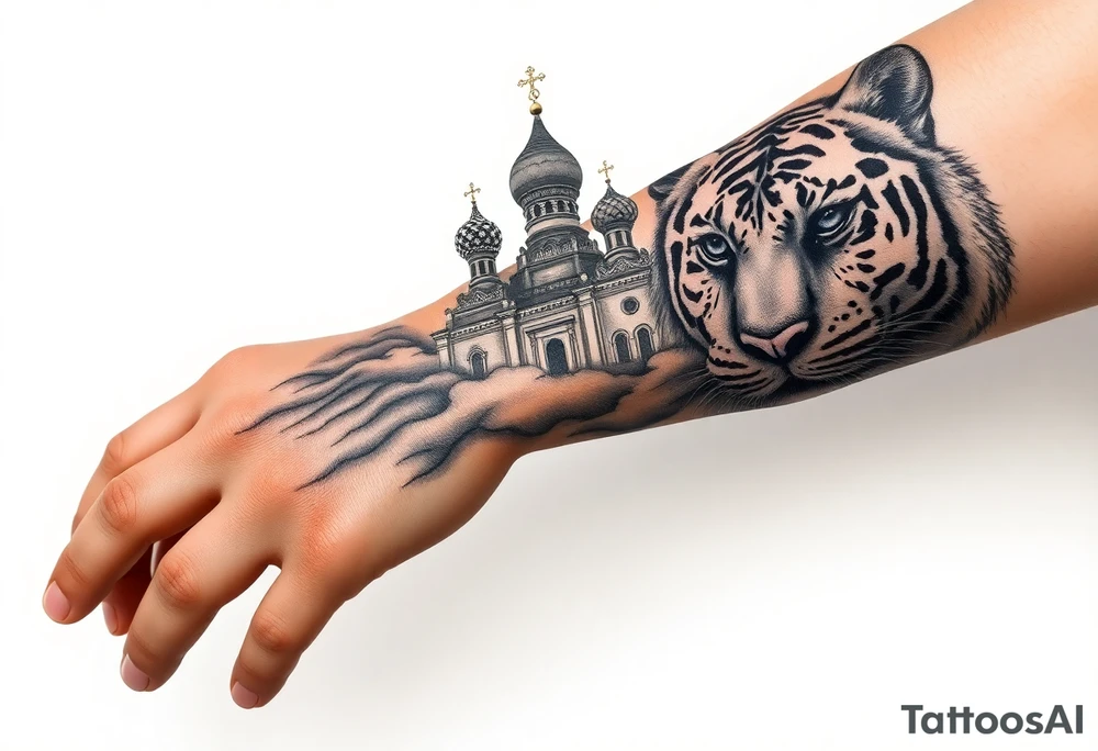 Realistic tiger face on the back of the hand with strong contrast and fine detail with its eyes completely black. with a highly detailed Russian Orthodox cathedral sitting above on fore arm with onion domes and orthodox crosses, done in fine line, engraving-like style. Cohesive composition, black ink only, no color, high contrast, slightly aged, documentary-style, plain light background. with clouds above and a virgin mary 
spanning from my hand to lower fore arm tattoo idea