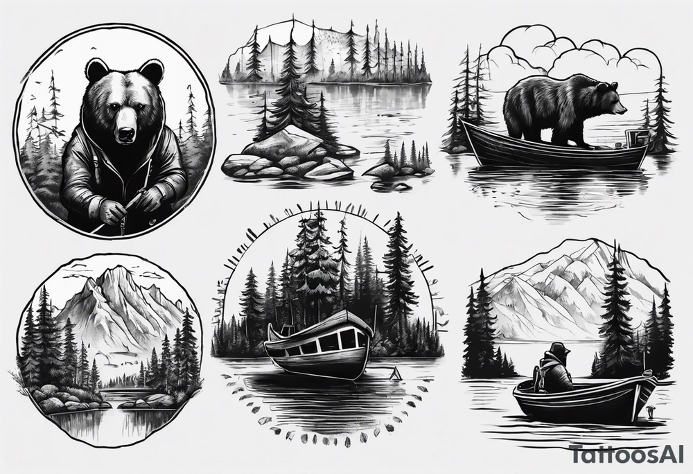 bear, forest, lake, small man on a fishing boat, appalachia, arm sleeve tattoo tattoo idea