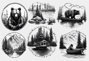 bear, forest, lake, small man on a fishing boat, appalachia, arm sleeve tattoo tattoo idea