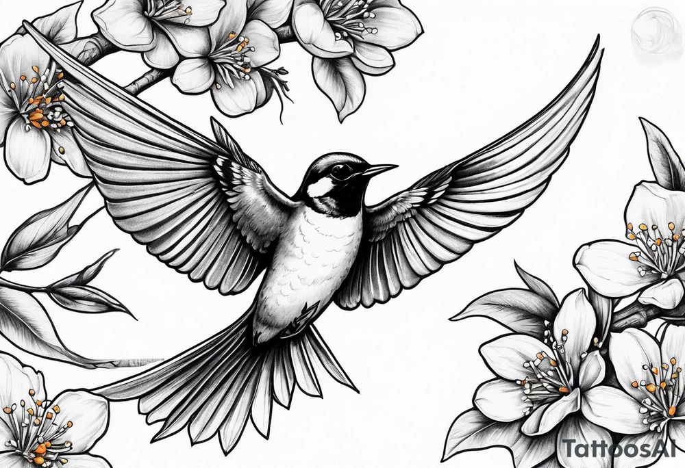swallow flying off of branch with orange blossoms tattoo idea